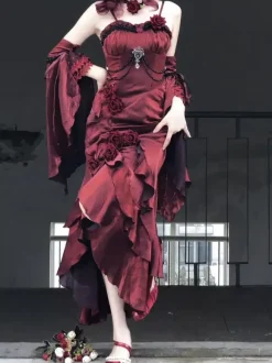 Halloween Robes gothiques Lolita à n艙uds et volants rouges