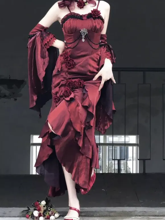 Halloween Robes gothiques Lolita à n艙uds et volants rouges