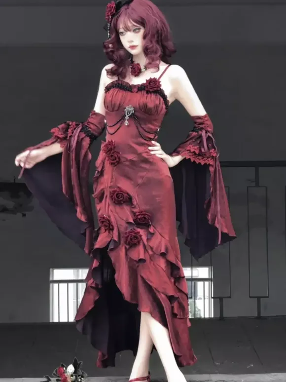 Halloween Robes gothiques Lolita à n艙uds et volants rouges