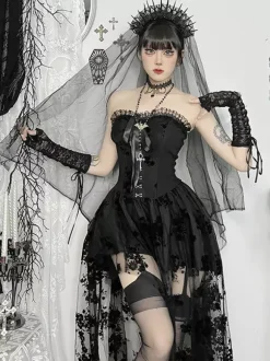 Halloween Vêtements gothiques pour femmes n艙uds plissés noirs volants tunique gothique en polyester costumes rétro