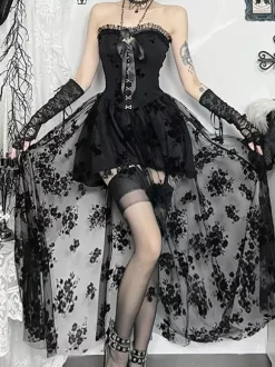 Halloween Vêtements gothiques pour femmes n艙uds plissés noirs volants tunique gothique en polyester costumes rétro