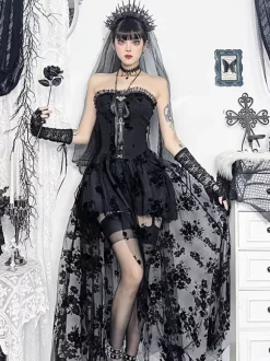 Halloween Vêtements gothiques pour femmes n艙uds plissés noirs volants tunique gothique en polyester costumes rétro