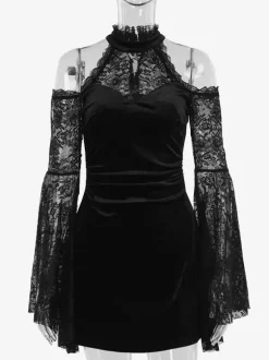 Halloween Vêtements gothiques pour femmes tunique gothique en polyester à volants en dentelle noire costumes rétro