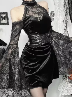 Halloween Vêtements gothiques pour femmes tunique gothique en polyester à volants en dentelle noire costumes rétro