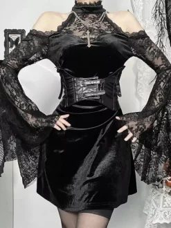 Halloween Vêtements gothiques pour femmes tunique gothique en polyester à volants en dentelle noire costumes rétro