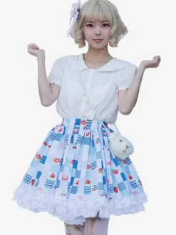 Harajuku Jupe Lolita SK Lolita À Volants Bleu Ciel ClairImprimée Fleurie
