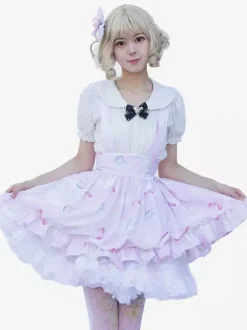 Harajuku Lolita SK Jupes à volants rose doux à imprimé Fleurie
