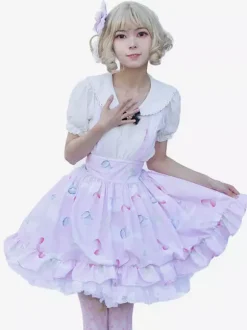 Harajuku Lolita SK Jupes à volants rose doux à imprimé Fleurie