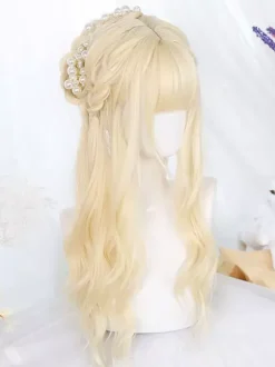 Harajuku Mode Lolita Perruque Longue Fibre Résistant À La Chaleur Or Clair Accessoires Lolita