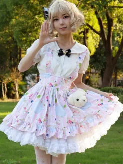 Harajuku Lolita SK Jupes Lolita à volants rose doux à imprimé Fleurie