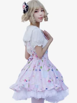 Harajuku Lolita SK Jupes Lolita à volants rose doux à imprimé Fleurie