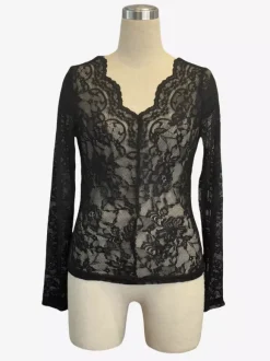 Haut à col en V bordure festonnée dentelle florale manches longues coupe ajustée pour femme 2026