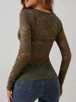 Haut à col en V bordure festonnée dentelle florale manches longues coupe ajustée pour femme 2026
