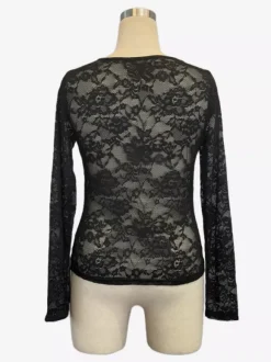 Haut à col en V bordure festonnée dentelle florale manches longues coupe ajustée pour femme 2026