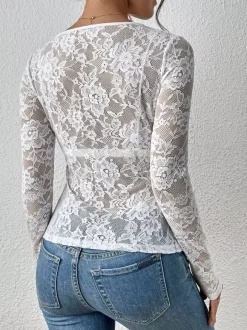 Haut à col en V bordure festonnée dentelle florale manches longues coupe ajustée pour femme 2026