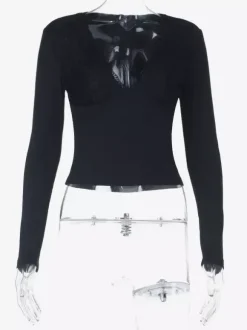 Haut à col V profond et bordure en dentelle pour femme - Chemisier noir sexy et ajusté - Style gothique - Collection printemps 2026
