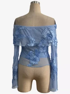 Haut à épaules dénudées en maille et manches longues avec broderie florale 3D pour femme 2026