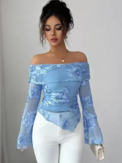 Haut à épaules dénudées en maille et manches longues avec broderie florale 3D pour femme 2026