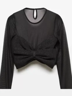 Haut Court Noir À Col Bijou Pour Femme Top Sexy Plissé À Manches Longues En Polyester