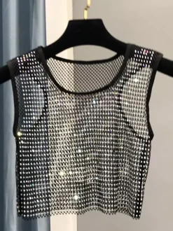 Haut de soirée sexy à col rond en résille sans manches en polyester