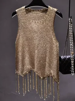 Haut de soirée unique à col rond et sequins sans manches