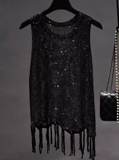 Haut de soirée unique à col rond et sequins sans manches