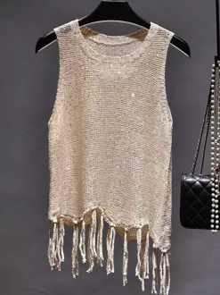 Haut de soirée unique à col rond et sequins sans manches