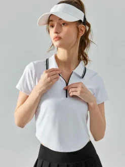 Haut De Tennis Pour Femme Col Rond À Zip Top Nylon Manches Courtes Vêtements De Sport