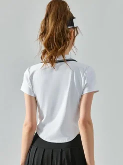 Haut De Tennis Pour Femme Col Rond À Zip Top Nylon Manches Courtes Vêtements De Sport