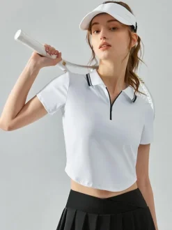 Haut De Tennis Pour Femme Col Rond À Zip Top Nylon Manches Courtes Vêtements De Sport