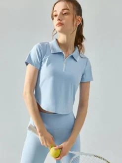 Haut De Tennis Pour Femme Col Rond À Zip Top Nylon Manches Courtes Vêtements De Sport