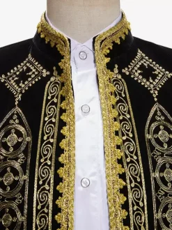 Haut noir vintage rétro en polyester brodé avec boutons et blocs de couleurs à manches longues costumes rétro pour homme