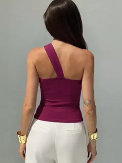 Haut sans manches à une épaule orné d'un motif floral 3D froncé et d'un ourlet asymétrique