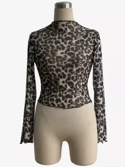 Haut skinny imprimé léopard à col montant et bordure en maille ajourée pour femme 2026