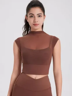 Haut sport femme top abricot Lycra manches courtes col haut vêtements de sport de Tennis