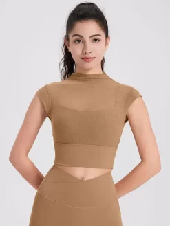 Haut sport femme top abricot Lycra manches courtes col haut vêtements de sport de Tennis