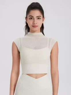 Haut sport femme top abricot Lycra manches courtes col haut vêtements de sport de Tennis