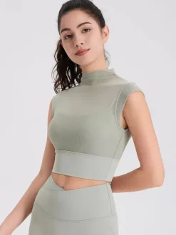 Haut sport femme top abricot Lycra manches courtes col haut vêtements de sport de Tennis