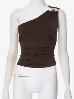 Haut asymétrique marron sexy froncé pour femme débardeur d'été 2026