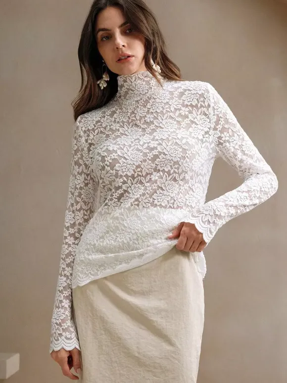Haut à col montant en dentelle florale manches longues coupe ajustée et transparente pour femme 2026