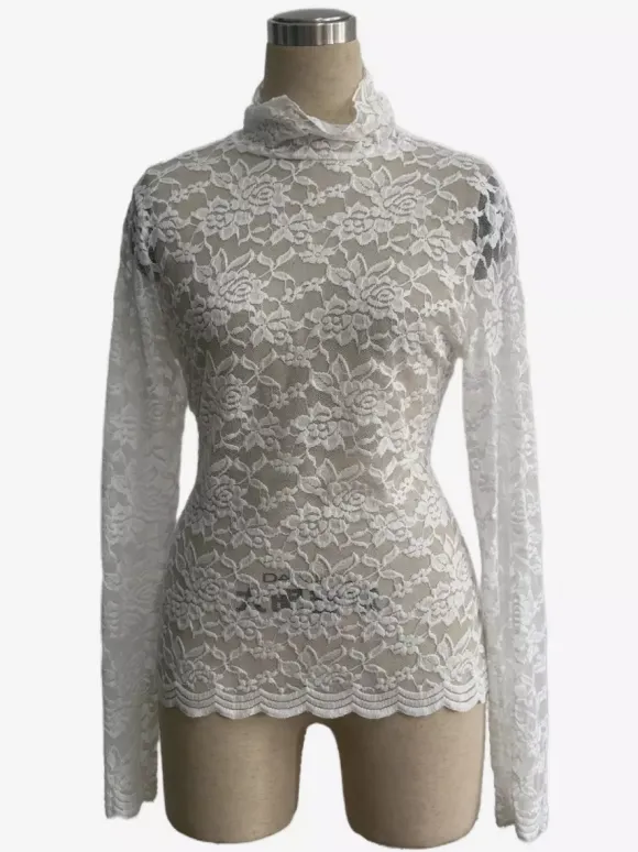 Haut à col montant en dentelle florale manches longues coupe ajustée et transparente pour femme 2026
