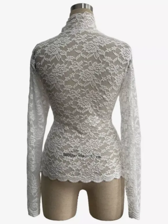 Haut à col montant en dentelle florale manches longues coupe ajustée et transparente pour femme 2026