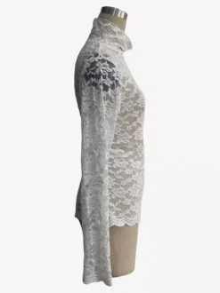 Haut à col montant en dentelle florale manches longues coupe ajustée et transparente pour femme 2026