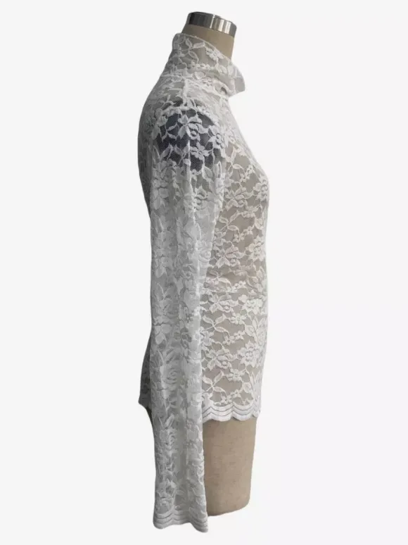 Haut à col montant en dentelle florale manches longues coupe ajustée et transparente pour femme 2026