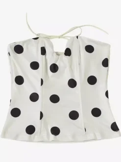 Haut corset dos nu à pois pour femme - Bustier blanc vintage sans manches coupe ajustée - Idéal pour une fête d'été sur la plage 2026
