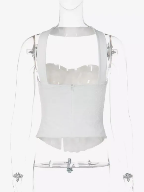 Haut corset en dentelle dos nu à ras du cou et décolleté c艙ur bustier court en maille transparente à baleines