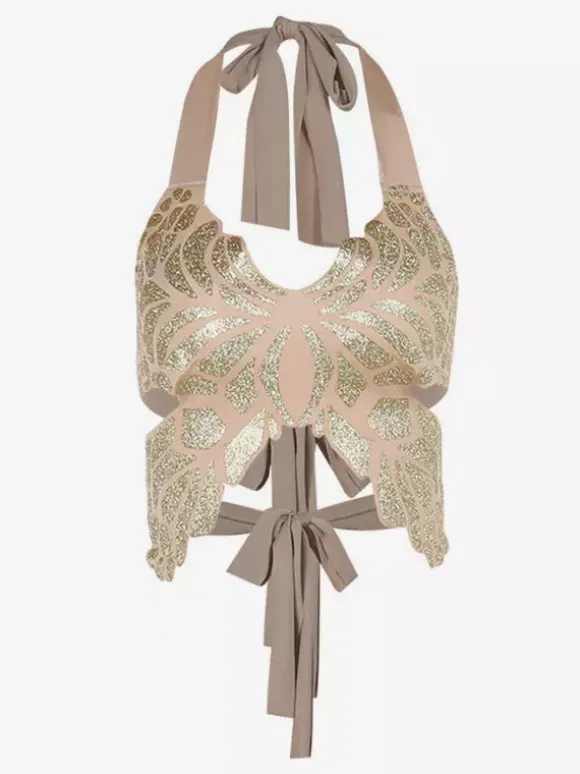 Haut court licou avec n艙ud papillon dans le dos Clubwear papillon brillant pour femmes 2026