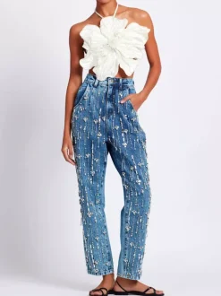 Haut court noir dos nu à fleurs et perles sans manches pour femme