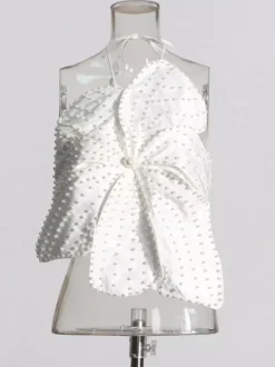 Haut court noir dos nu à fleurs et perles sans manches pour femme