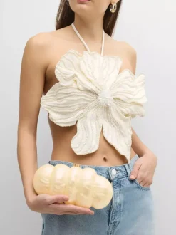 Haut court noir dos nu à fleurs et perles sans manches pour femme